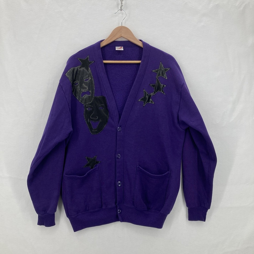 Vintage Jerzees Cardigan Sweater Mens One Size Theater Masks Stars 90s Opera USA